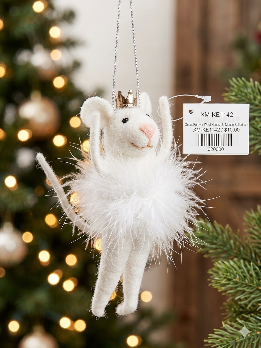 Xmas Forever Wool Hands Up Mouse Ballerina Ornament